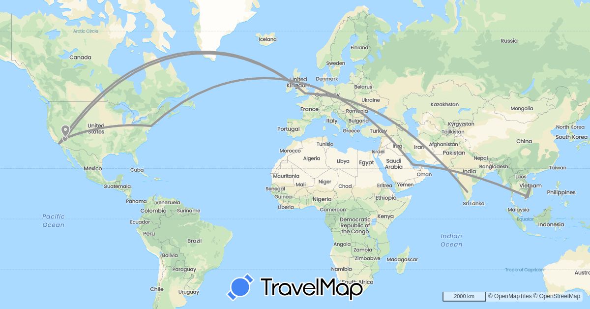 TravelMap itinerary: driving, plane in United Kingdom, India, Qatar, United States, Vietnam (Asia, Europe, North America)